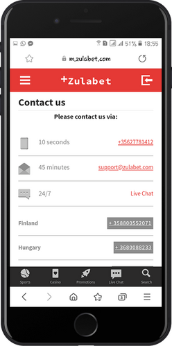 Mobile screenshot of the Zulabet contact page